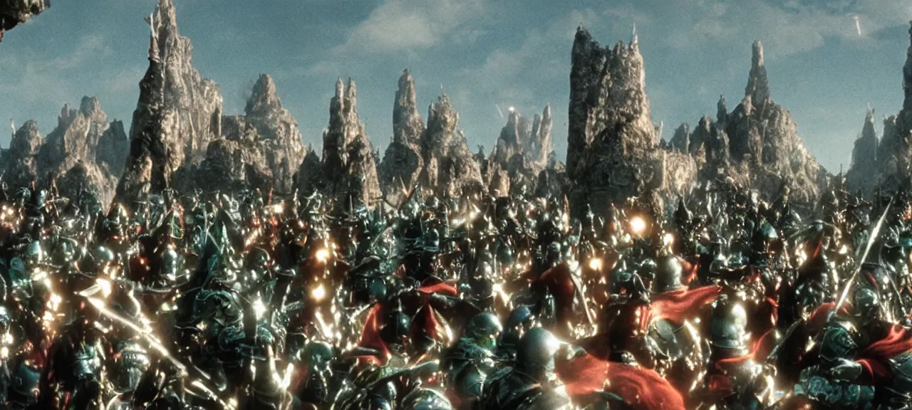 Prompt: 35mm fantasy action film still frame portraying a wide shot of Elf Palace rooftop terrace where The Council of Elves are granting magical defensive spell protection to the Dwarf warriors, the Elf magic is casting a visible blue green electric aura around the group of Dwarves, the light glinting off their armor and weaponry. Cinematic film still. 35mm. Action. High shutter speed. Color Graded. Award winning.