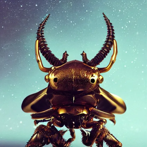 Prompt: Very high detailed rhinoceros beetle made of gold and metal standing on a carbon fiber background, big horn, robotic, nature, symmetrical, Greg Rutkowski, Charlie Bowater, Beeple, Unreal 5, hyperrealistic, dynamic lighting, fantasy art