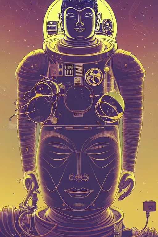 Image similar to protrait cyborg astronaut buddha meditating illustration, golden ratio, post grunge portrait, concept art by josan gonzalez, james jean, Mike Mignola, Laurie Greasley, highly detailed, sharp focus, alien, Artstation, deviantart, artgem