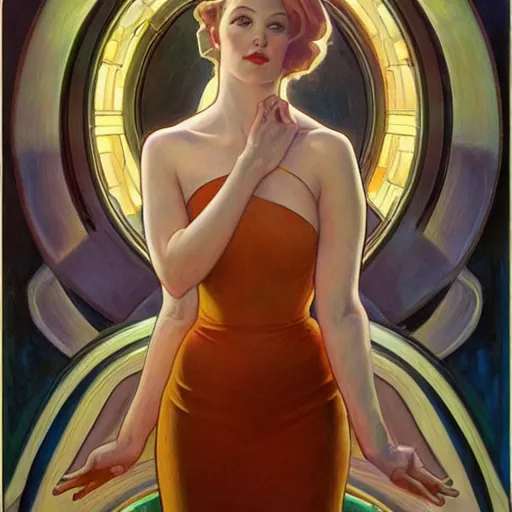 Image similar to a streamline moderne painting in the style of donato giancola, and in the style of charlie bowater, and in the style of alphonse mucha. symmetry, smooth, sharp focus, semi - realism, intricate detail.