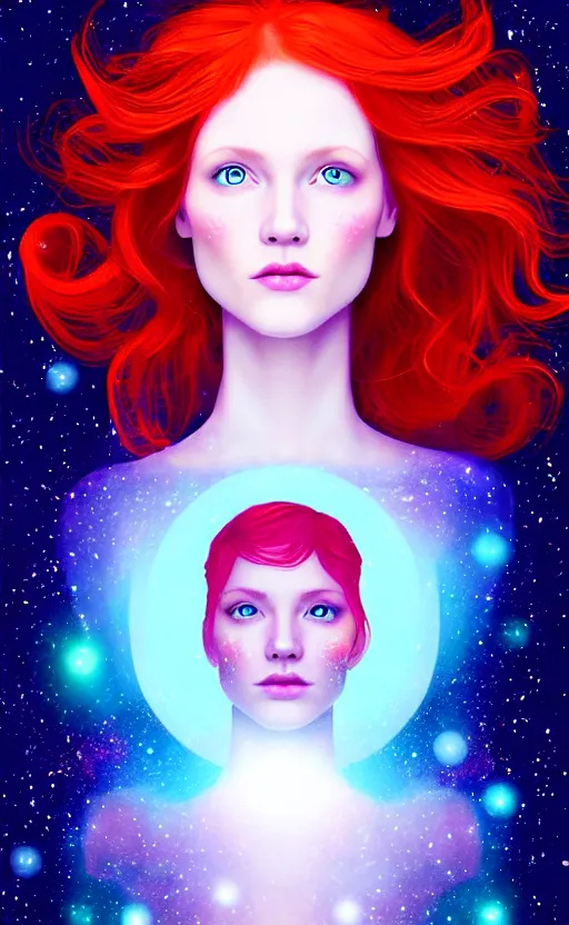 Image similar to space astral portrait of a beautiful girl, red hair, ginger hair, fantasy, glowing skin, smooth face, perfect eyes, half body shot, tarot card