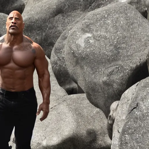 Image similar to dwayne johnson standing on a rock and singing in a rock concert