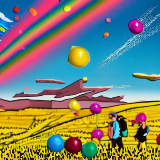 Prompt: hyperpop art of a bucolic landscape with two hikers shattering into millions of brightly coloured Smarties towards the heavens, cinematic shot