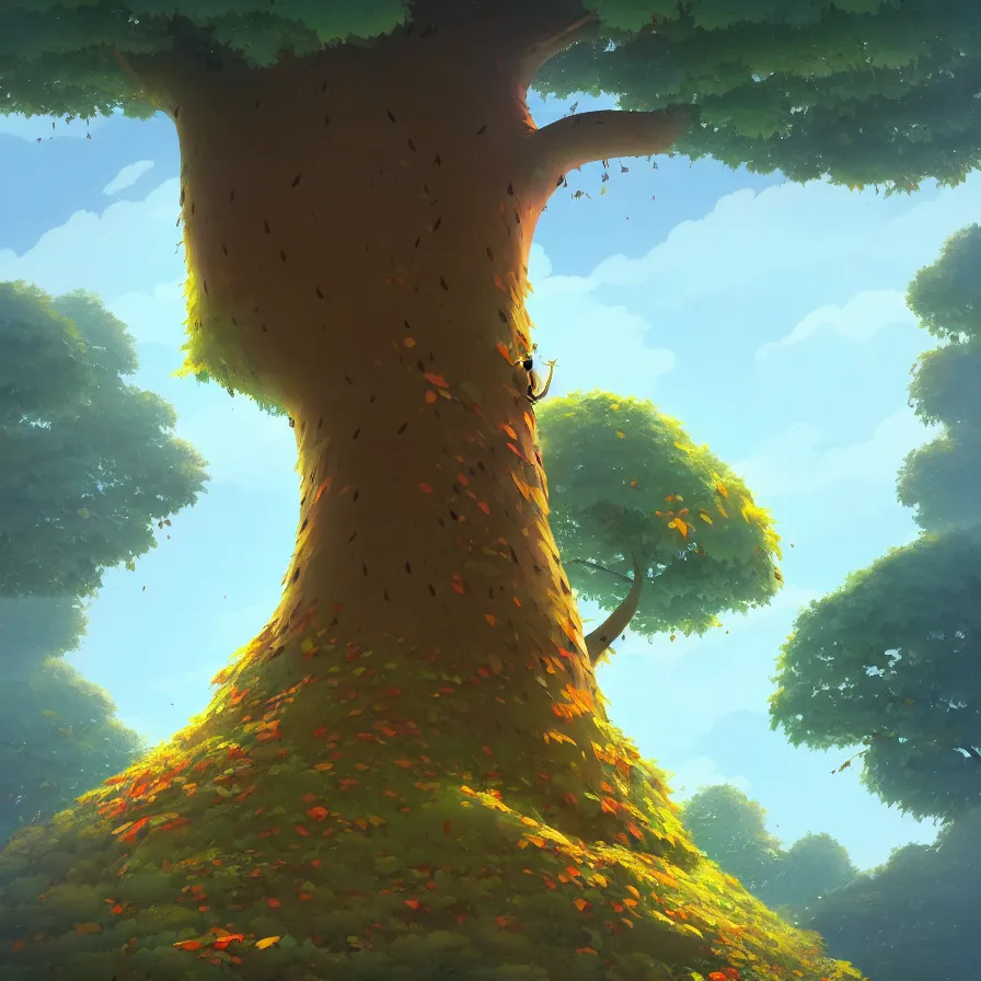 Prompt: Goro Fujita illustrating central view of a large tree father of all trees in the forest, the tree grows up to the clouds, autumn, art by Goro Fujita, sharp focus, highly detailed, ArtStation