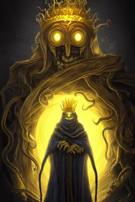 Image similar to A full body portrait of a mysterious character with no face with a very long hooded yellow cloak, a golden crown floating above his head tentacles coming out the ground art by John J. Park, and Jason Chan, ominous, cosmic horror, trending on artstation, Ultra detailed, hyper realistic 4k