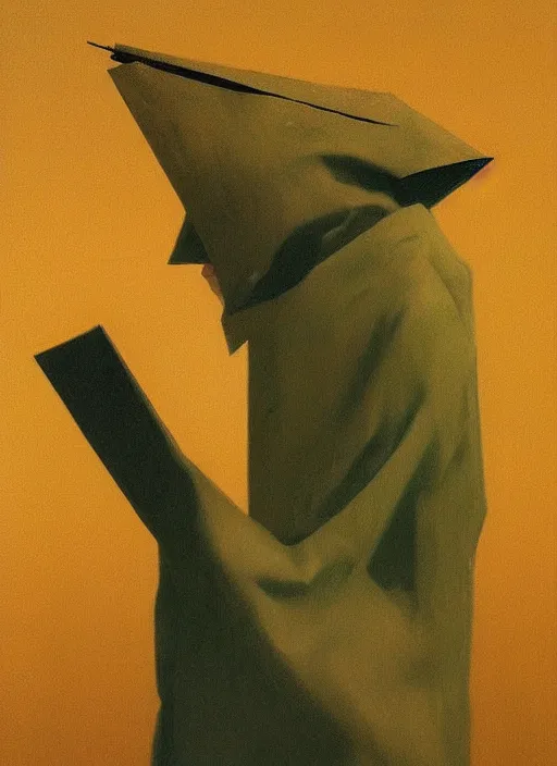 Image similar to man with a paper bag over the head and a sward Edward Hopper and James Gilleard, Zdzislaw Beksinski highly detailed