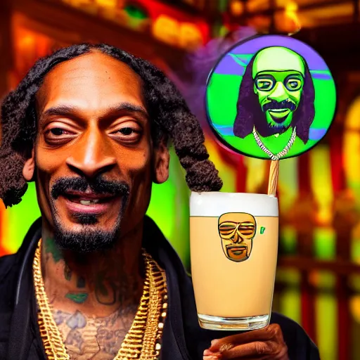 Image similar to a closeup photorealistic photograph of happy blunt smoking snoop dogg at trader vic's bar holding up a trader vic's style tiki mug featuring snoop dogg's face. tiki culture. bright scene. 4 k hd image that's trending on artstation, featured on behance, well rendered, extra crisp, features epic composition and the style of unreal engine.