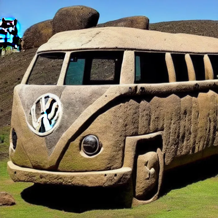 Prompt: ancient vw bus made of stone, moai from rapa nui style