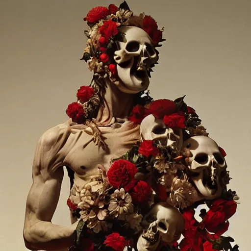 Image similar to a man in the form of a Greek sculpture with a mask in the form of a skull and wreath of flowers skulls in hands dressed in a biomechanical dress, red white and gold color scheme, baroque, by Michelangelo