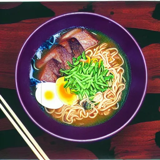 Prompt: A bowl of ramen cooked by Tadanori Yokoo, 35mm film