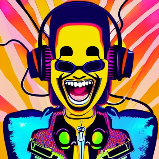 Prompt: artgerm, psychedelic laughing cybertronic robot, rocking out, headphones dj rave, digital artwork, r. crumb, svg vector