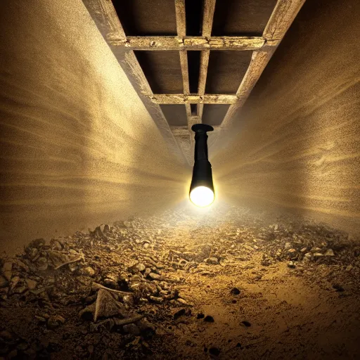 Prompt: Flashlight in abandoned mineshaft, dark, dust, dirt yellow, old wood, darkness, alone