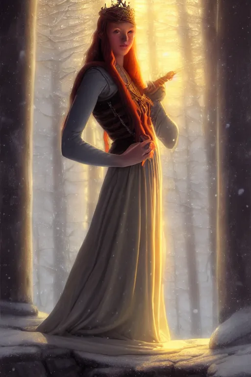 Image similar to nostalgia for a fairytale, nordic, ice, medieval maiden, long hair, tall and thin, illustration, dramatic lighting, soft details, painting, art nouveau, octane render, 8 k, hd, by edmund blair leighton, brom, charlie bowater, faces by otto schmidt