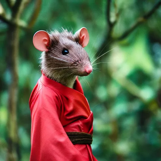 Image similar to a portrait of a human-rat hybrid with brown fur wearing a red kimono, hyper realistic, photography, film still