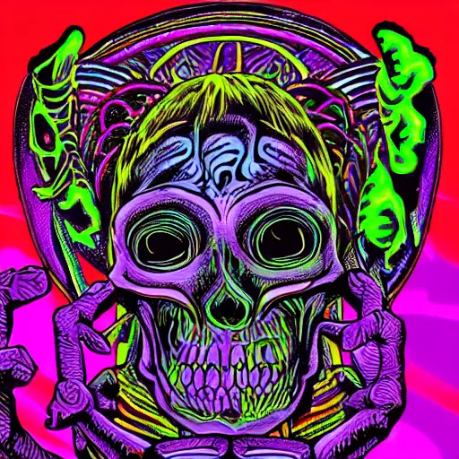 Prompt: a secret dream held by the reptilian overlords in psychedelic neon colors. drinking from the skulls of the poor