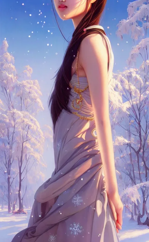 Image similar to a beautiful young charming asian goddess with sundress + jewelry + shinny eyes | | winter, symmetric, realistic shaded, unpleasant face, good looking, fine details, dior, lv, realistic shaded lighting poster by greg rutkowski, macoto takahashi, magali villeneuve, artgerm, jeremy lipkin and michael garmash