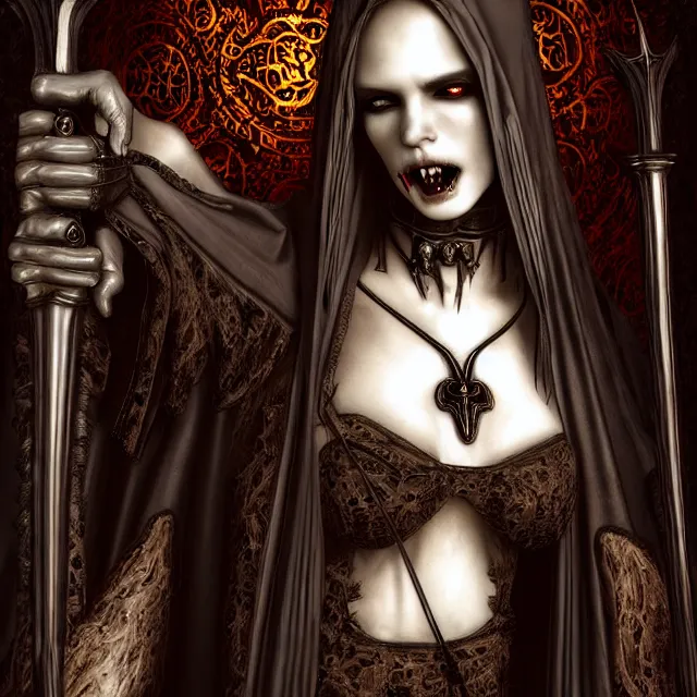 Prompt: vampire warrior, in a gothic church, highly detailed, 4 k, hdr, close up, portrait, smooth, sharp focus, high resolution, award - winning photo, illustrated by anne stokes, photorealistic