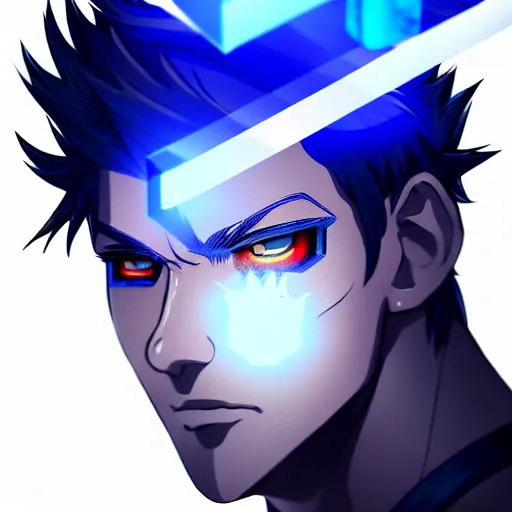 Image similar to a highly detailed portrait of a man with navy blue hair and blue glowing eyes, summoning blue transparent cubes, high detail clothing, concept art, anime, artstation, professional drawing