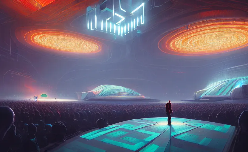 Image similar to microchip experience, qlimax stage by gensler, elegant atmosphere, glowing lights, highly detailed, digital painting, artstation, concept art, smooth, sharp focus, illustration, art by wlop, mars ravelo and greg rutkowski