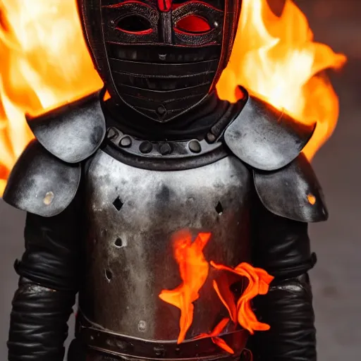 Image similar to a black knight in shining armor, a terrible mask on his face, eyes burning with red fire. a boy is standing next to him and he has a sword in his hands