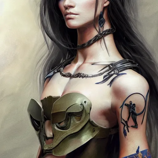 Image similar to tattoo design, a professional painting of a beautiful young female, partially clothed in battle armor, olive skin, long dark hair, beautiful bone structure, upper body, symmetrical facial features, intricate, elegant, digital painting, concept art, smooth, sharp focus, illustration, from Metal Gear, by Ruan Jia and Mandy Jurgens and Greg Rutkowski and Artgerm and William-Adolphe Bouguerea and artgerm