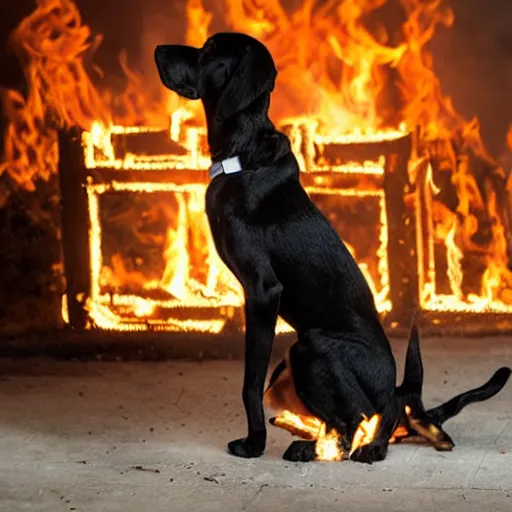 Image similar to upright dog person stand on two legs and starts a fire