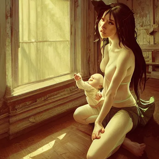 Image similar to evil baby eating demon in old house, highly detailed, digital painting, interior, artstation, concept art, smooth, sharp focus, illustration, Unreal Engine 5, 8K, art by artgerm and greg rutkowski and alphonse mucha