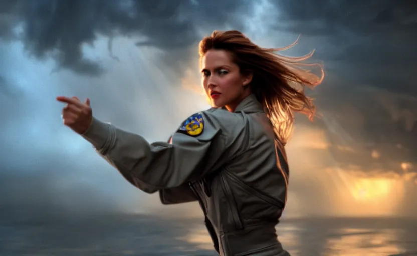 Image similar to a hyperdetailed photorealistic beautiful woman dancing in a thunderstorm, global illumination, volumetric lighting, cinematic framing, cinematic lighting, cinematic shadows, in the style of top gun maverick