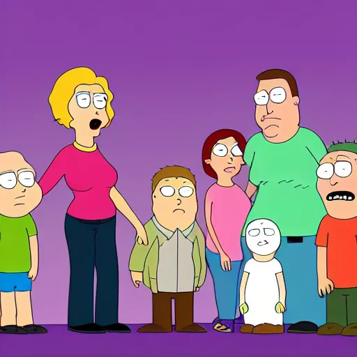 Image similar to family guy family portrait by justin roiland, style of rick and morty, justin roiland, cartoon, detailed, 8 k