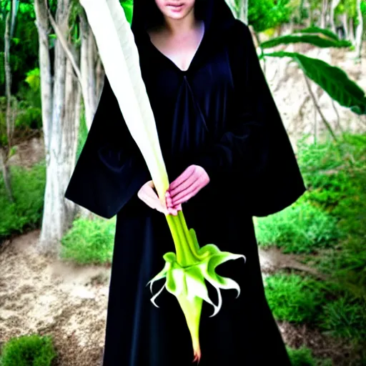 Image similar to a beautiful young witch in a black robe, holding white brugmansia