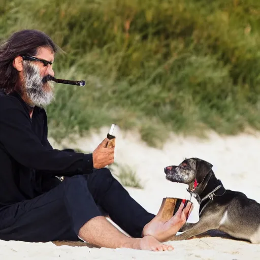 Image similar to bearded italian man with long hair smoking a cigarette on the beach, sitting next to his dog