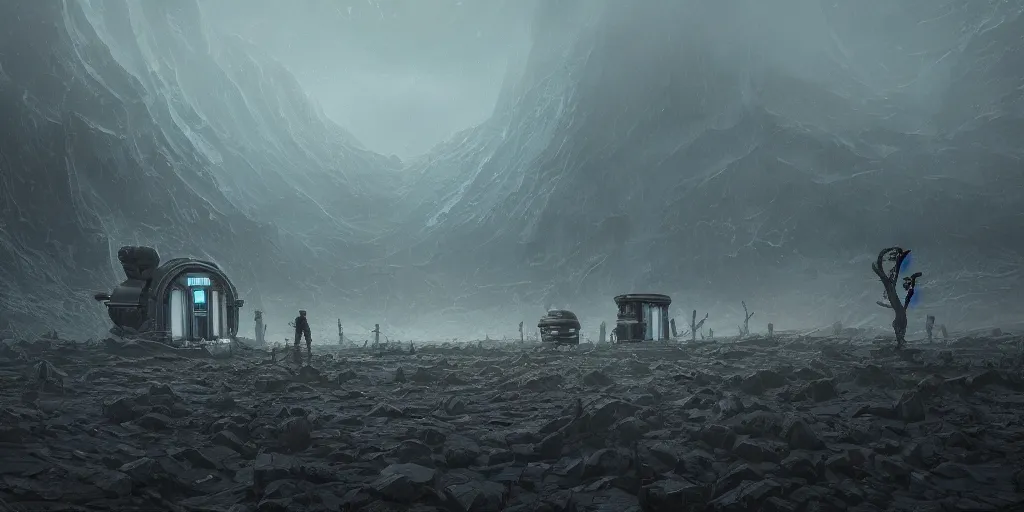 Prompt: underground climate shelters in the middle of a desolate field by jorge jacinto, death stranding art style, intricate, high detail, digital painting, ultra realistic, cinematic lighting, wide angle cinematography, artstation, 3 5 mm film grain