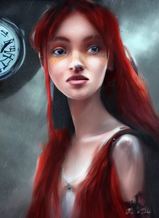 Prompt: a realistic detail portrait of a pretty girl dress black clock has red hair in the cave, abandoned, shining star, traveller, raining, mist by Wolp, Sparth, Paul-chadeisson, Dylan Cole, Jin Kim, black scheme, 8k, Unreal Engine