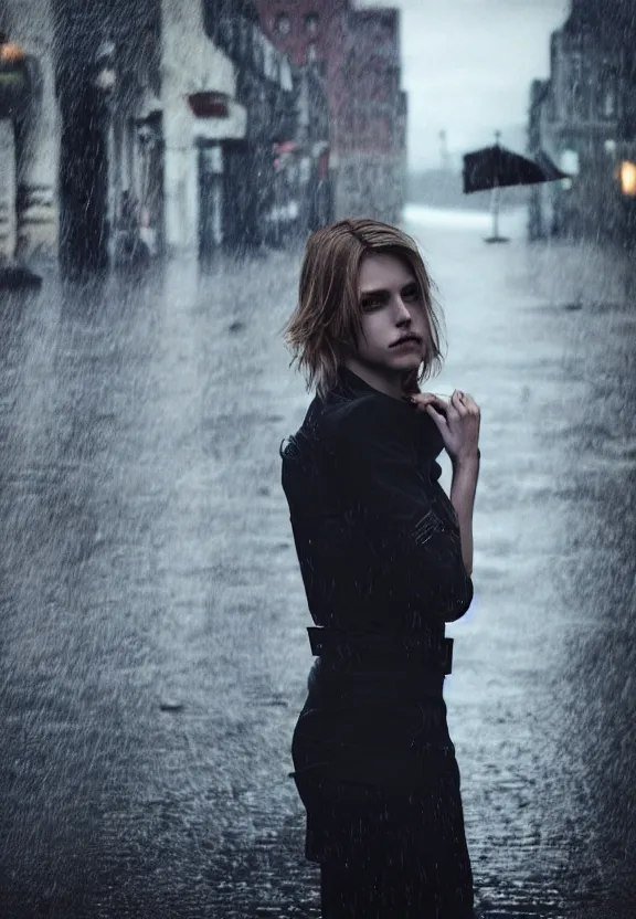 Image similar to cute model annie leonhart posing in dunwall city, beautiful face, detailed face, realistic eyes, cinematic lighting, rainy weather, melancholy atmosphere, volumetric light, gothic architecture, realistic reflections, model agency, instagram photo, depression atmosphere, shot on sony a 7, beauty filter, postprocessing