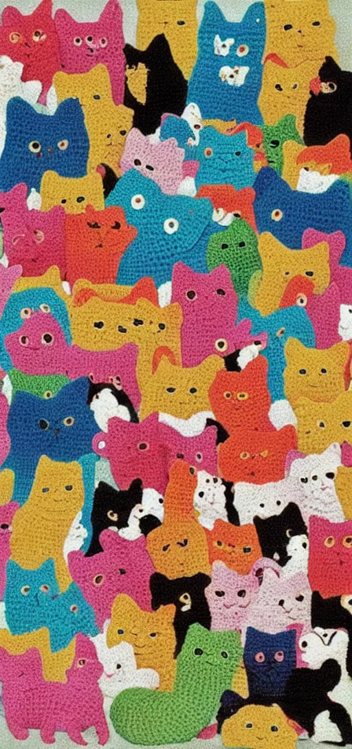 Prompt: cut and paste collage, multicolored crocheted cats, 1 9 9 0 s catalogue photo,