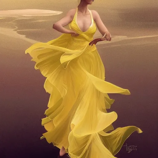 Prompt: a woman in a modern yellow organza dress dancing, ultra realistic, intricate, elegant, highly detailed, digital painting, artstation, smooth, sharp, focus, illustration, art by artgerm and greg rutkowski and alphonse mucha,