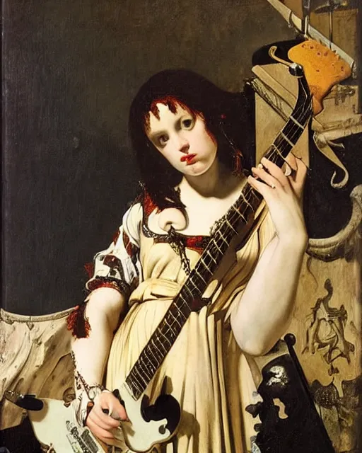 Image similar to Goth girl playing electric guitar by Mario Testino, oil painting by Caravaggio and Tintoretto and Lawrence Alma-Tadema