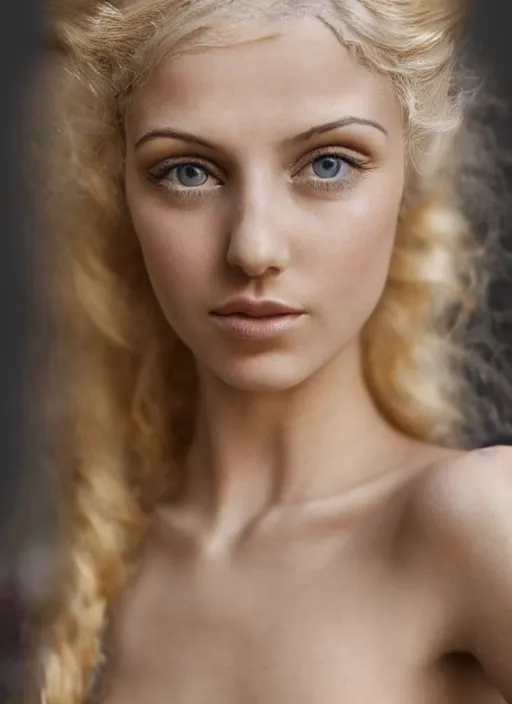 Image similar to 1 9 2 0 s photograph of an olive skinned blonde female model in her twenties, her hair pinned up, wearing a designer top, looking coy, focused on her neck, photo realistic, extreme detail skin, natural beauty, no filter, slr, golden hour, 4 k, high definition, selfie