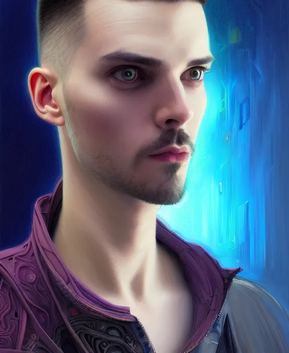 Prompt: a whirlwind inside the metaverse, guy, male, man, science, machine face, fashionable haircut, piercing, half body, neurochip, android, cyberpunk face, by loish, d & d, fantasy, intricate, elegant, highly detailed, colorful, digital painting, artstation, concept art, art by artgerm and greg rutkowski and alphonse mucha