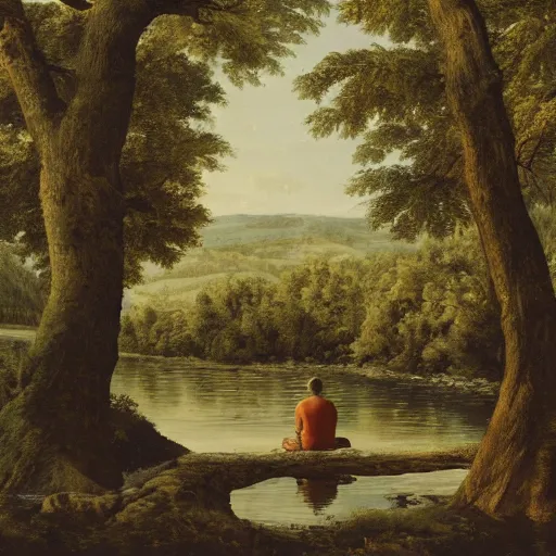 Image similar to two men sitting on a small damn on a river with a tree in the middle with a forest in the background