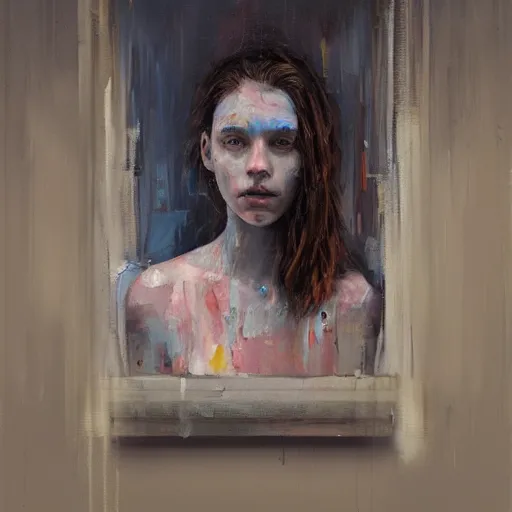 Image similar to palette knife oil painting portrait of a lonely girl in a liminal room, extreme detail, liminal aesthetic, artgerm, deviant art, octane, substance, art history 8 k