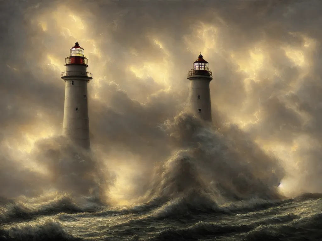 Prompt: a painting of a storm battering a lighthouse by justin gerard, paul bonner, highly detailed, oil on canvas, artstation hd