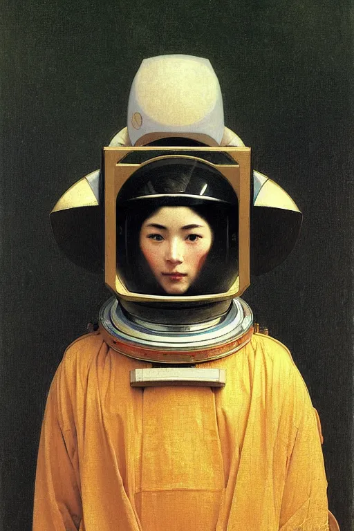 Image similar to portrait of a astronaut in samurai helmets, by bouguereau