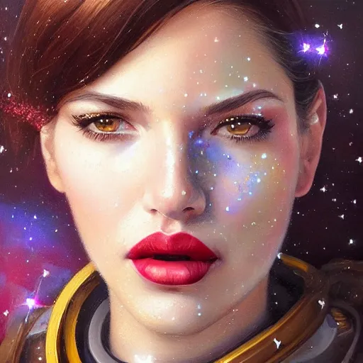 Image similar to a portrait of a very beautiful woman in a spacesuit with a dueling scar, brown eyes, shoulder-length brown hair, deep red lips, glitter, bored, illustration, soft lighting, soft details, painting oil on canvas by mark arian by artgerm, trending on artstation, 4k, 8k, HD