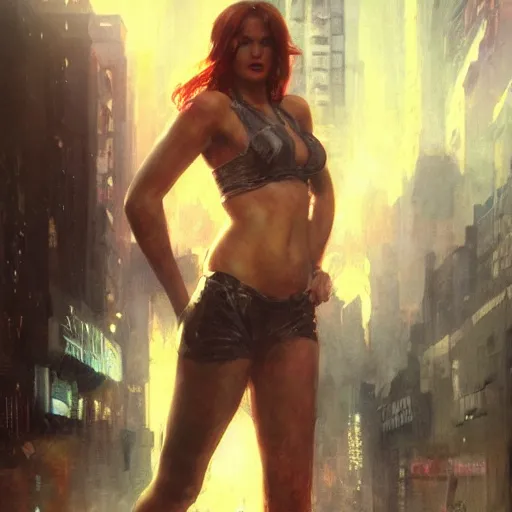 Prompt: full figure bella thorne, hyperrealistic portrait, bladerunner street, art of elysium by frank frazetta and jeremy mann and alphonse mucha, fantasy art, photo realistic, dynamic lighting, artstation, poster, volumetric lighting, very detailed face, 4 k, award winning