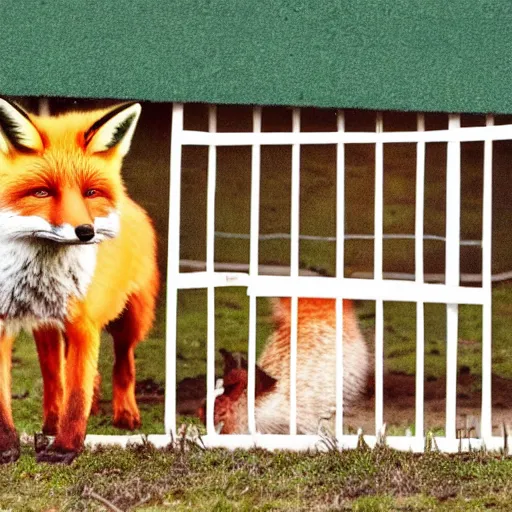 Prompt: a fox guarding a hen house