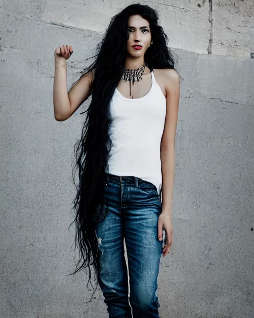 Image similar to a portrait of a beautiful Young female with long disheveled black hair, beautiful and smiling, sweet looks, white skin and reflective eyes, black tank top, black leather shiny jeans, an ankh necklace white colors in the background, 500px photos, top cinematic lighting , cinematic mood, very detailed, shot in canon 50mm f/1.2