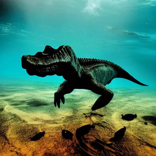 Prompt: an award winning national geographic photo of a swimming dinosaur deep in the ocean, dark colours