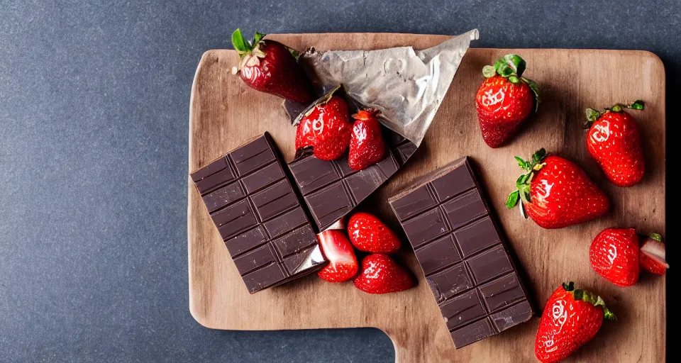 Prompt: A gourmet dark chocolate bar on an opened silver wrapper, next to sliced strawberries, on a wooden tray, macro lens product photo