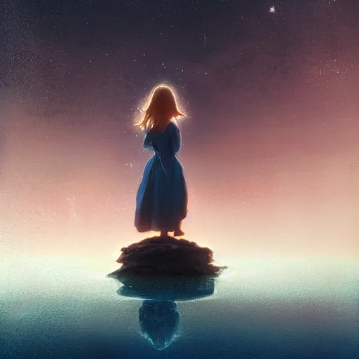 Prompt: cute girl with puckered lips standing on top of water looking down with curiosity into the dark abys with the stars above reflecting onto the water, trending on artstation, trending on deviantart, cinematic lighting, high detail, greg rutkowski, 8 k, by charles vess, anoto finnstark